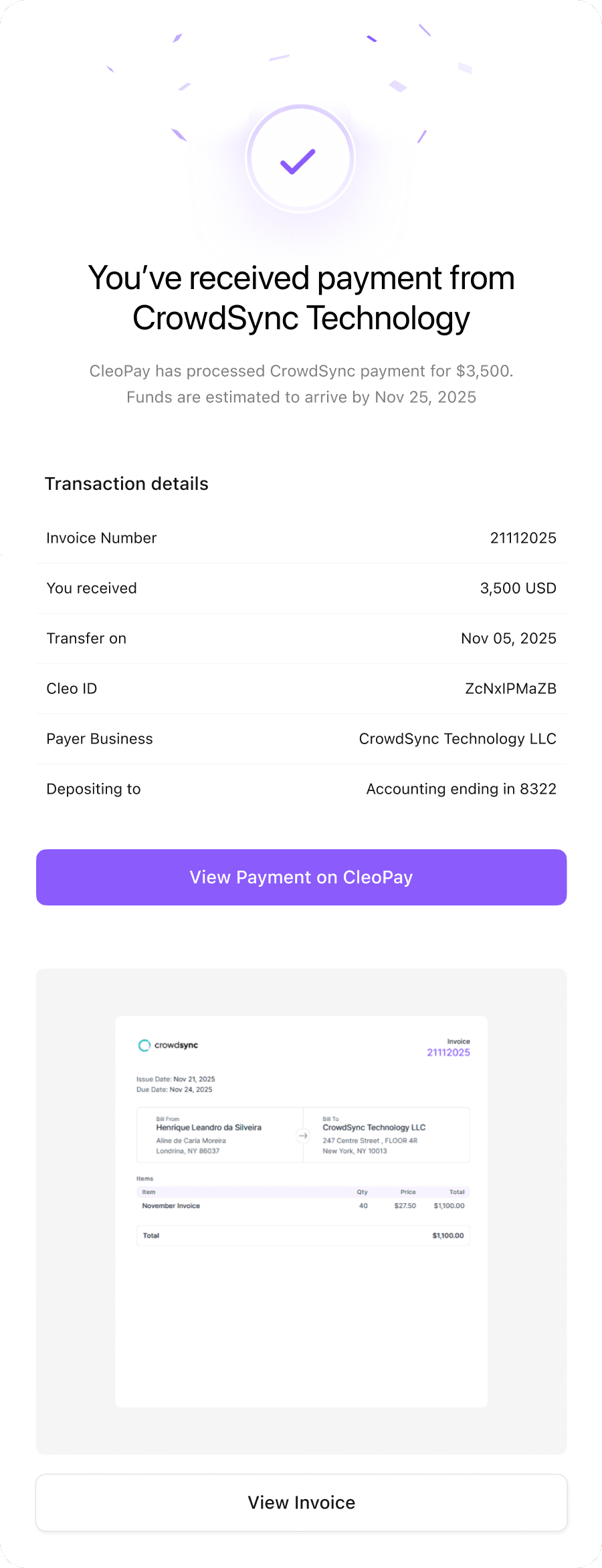 Payment confirmation email from Cleo Pay