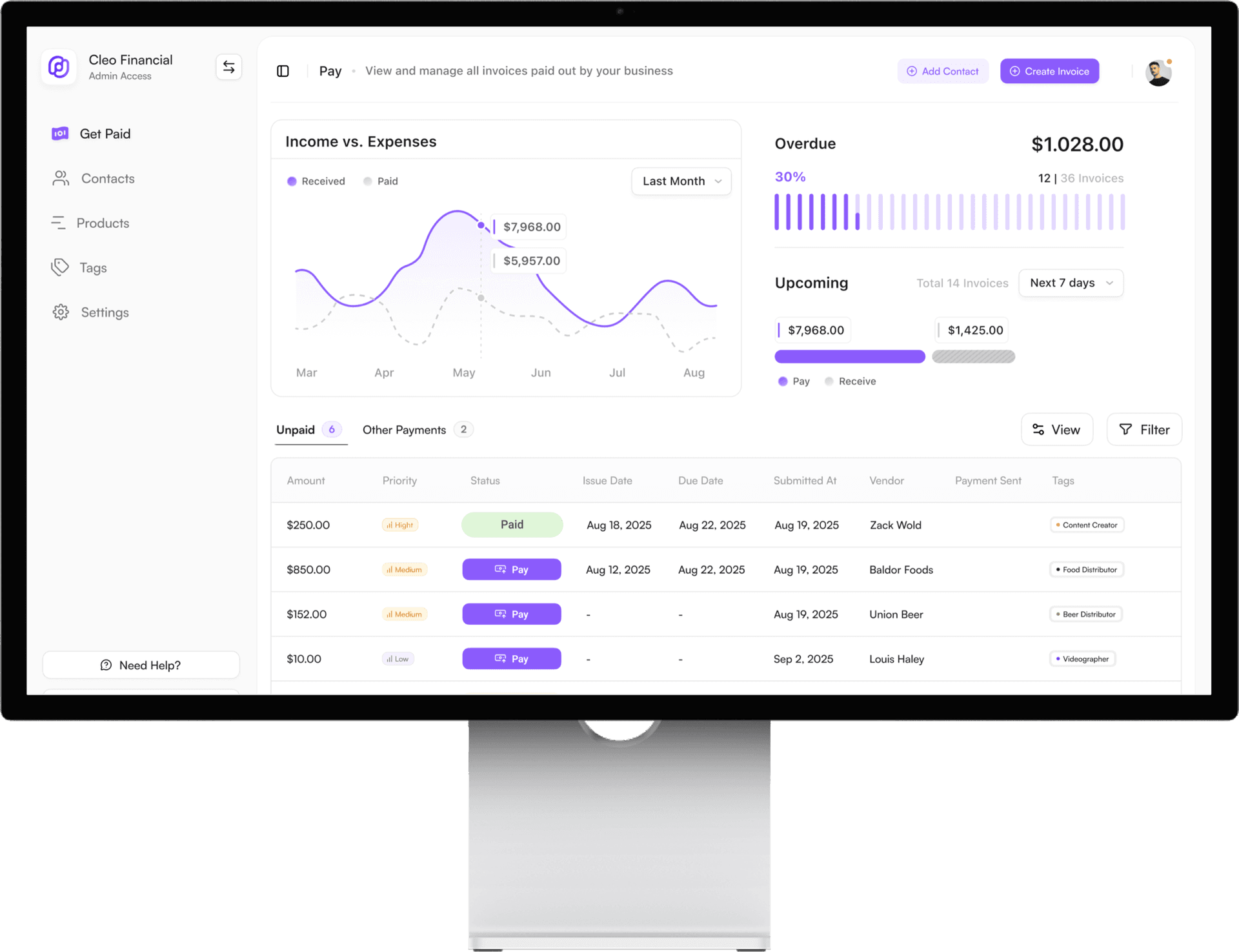 Cleo Pay accounts payable and receivable dashboard
