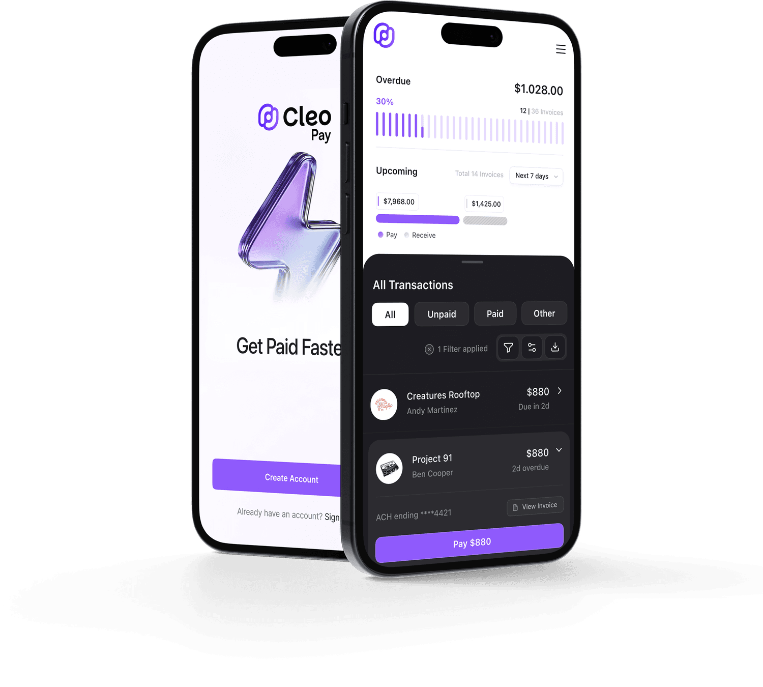 Cleo Pay mobile app showing invoices and real-time payments