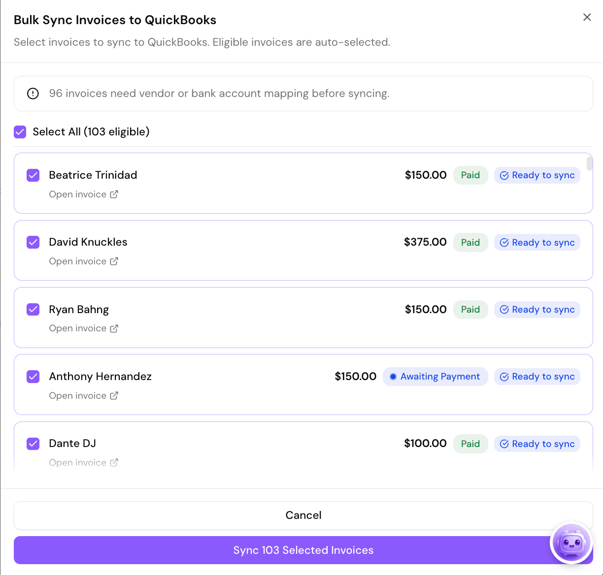 Bulk sync modal showing 103 eligible invoices ready to sync to QuickBooks with payment status badges