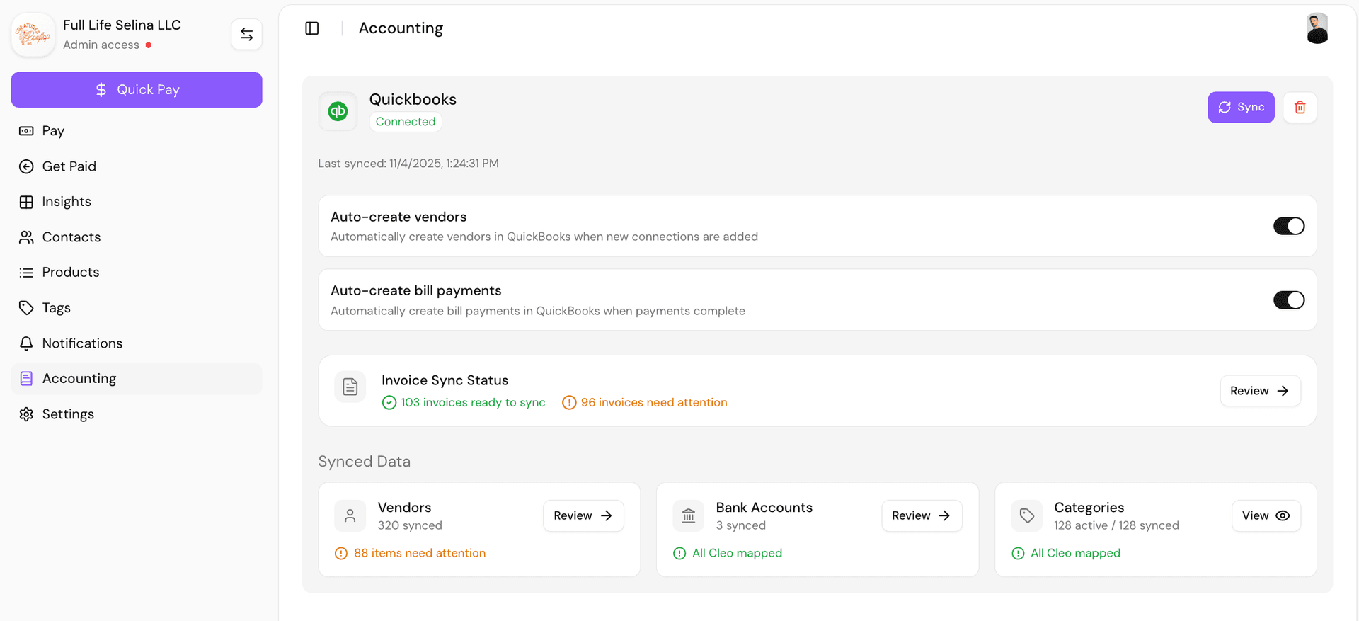 Cleo Pay accounting settings with QuickBooks connected, showing auto-create vendors and bill payments enabled, invoice sync status, and counts of synced vendors, bank accounts, and categories