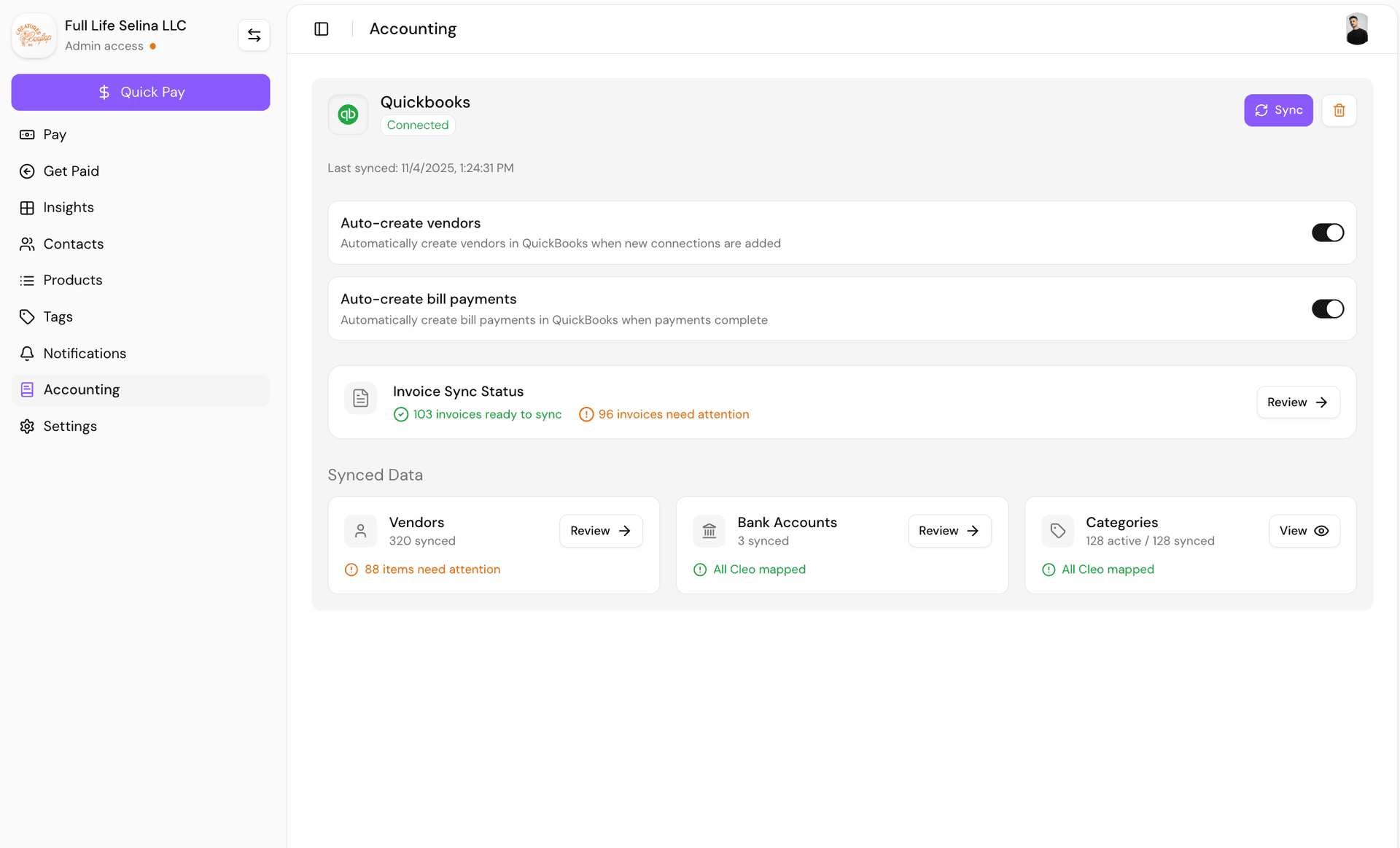 Cleo Pay QuickBooks integration dashboard showing connected status, sync settings, and synced data summary