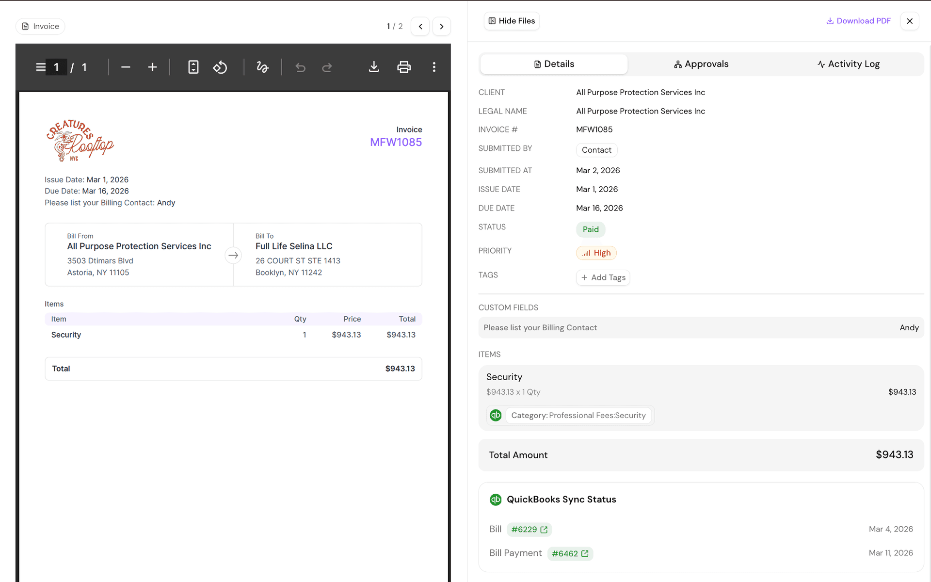 Invoice detail view showing original PDF, metadata fields, and QuickBooks sync status with linked Bill and Bill Payment records