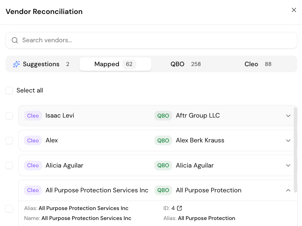 Vendor reconciliation modal showing Cleo Pay to QuickBooks vendor mapping with suggestions and matched records