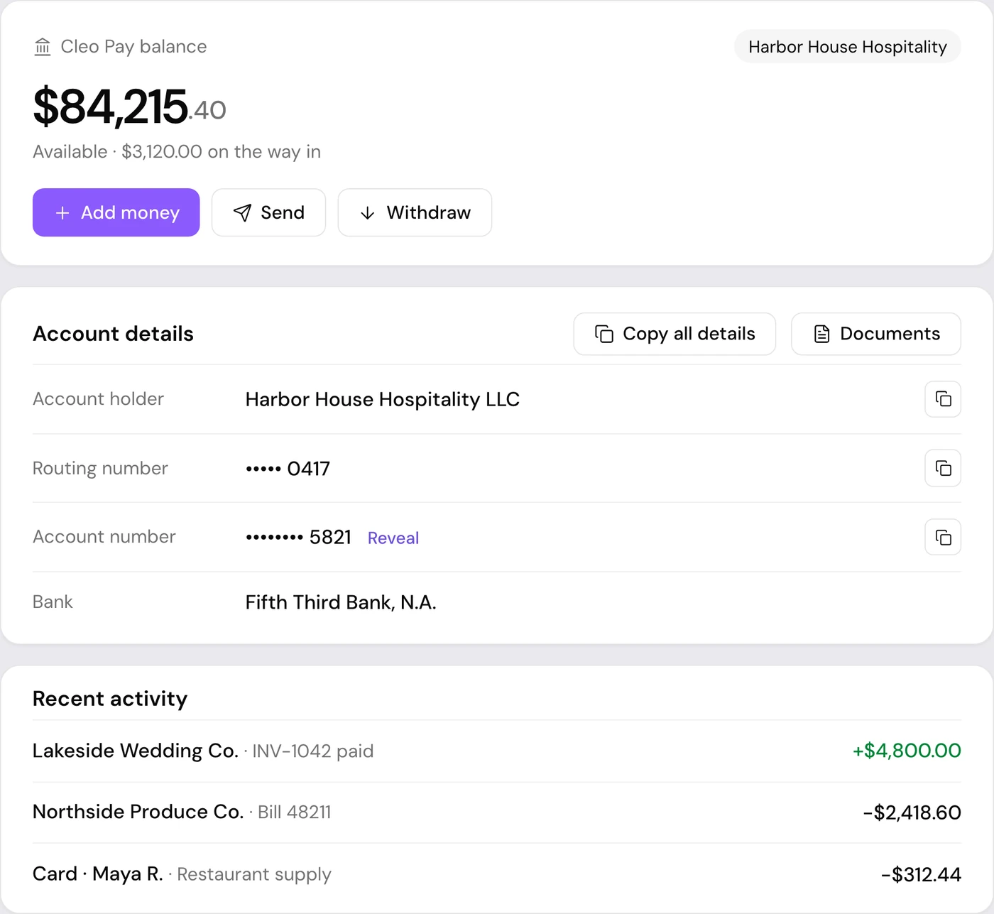 Cleo Pay balance with account details and recent activity