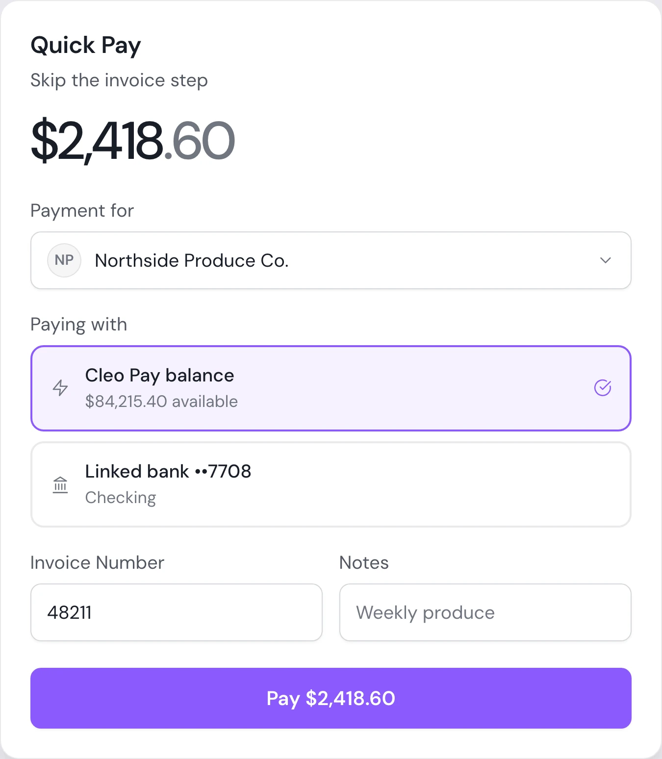 Quick Pay dialog in Cleo Pay paying a produce vendor's bill by ACH