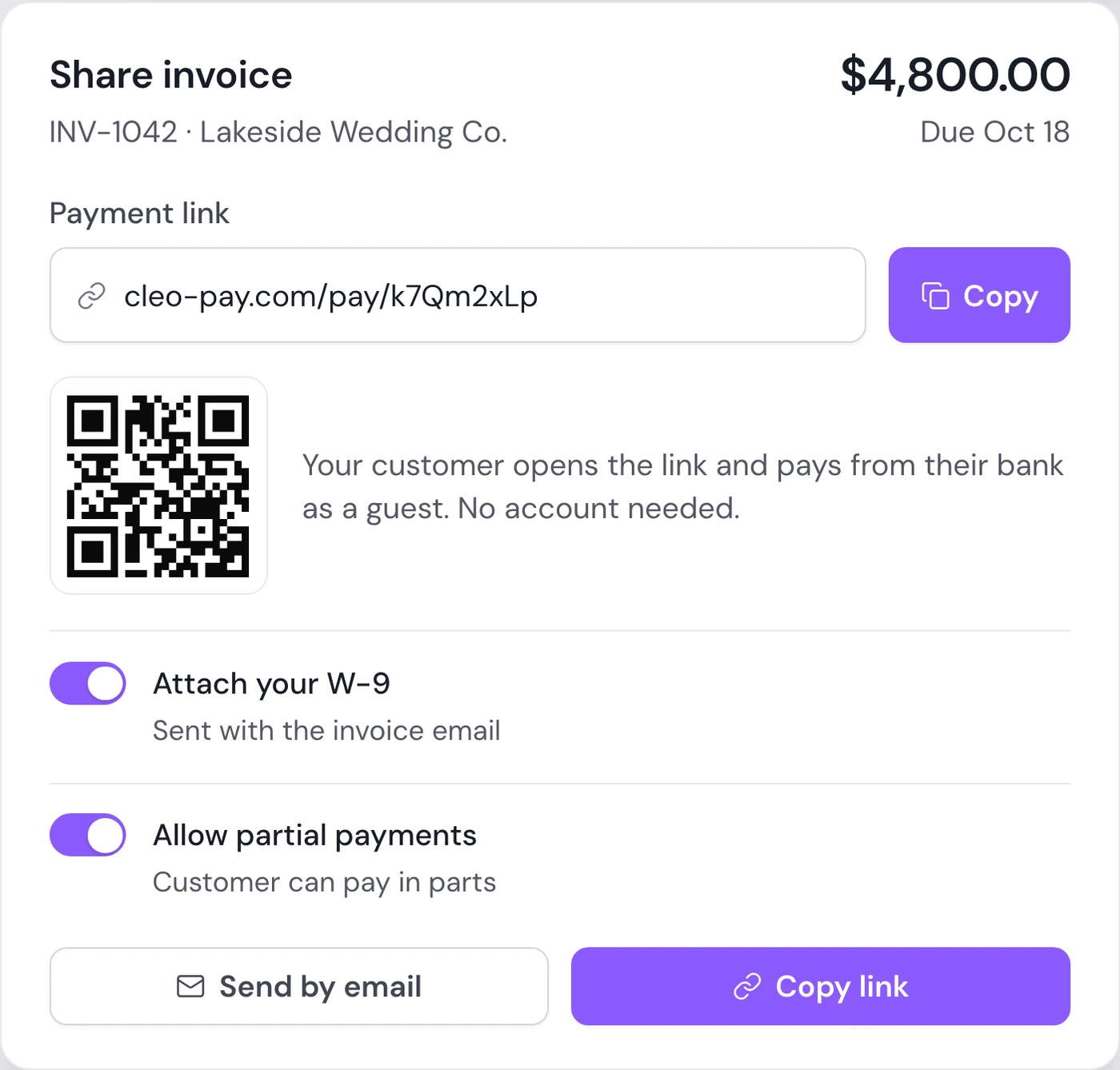 Share invoice dialog with a payment link, a QR code and options to attach a W-9 and allow partial payments, for a sample invoice
