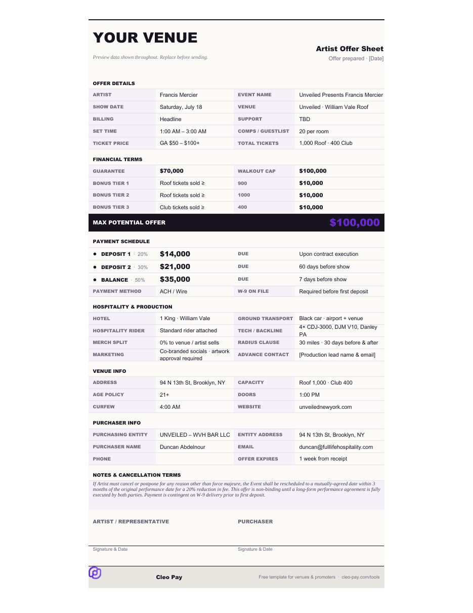 Artist Offer Sheet Template preview