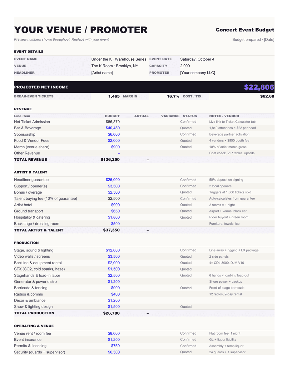 Concert Event Budget Template preview
