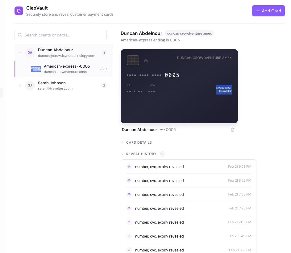 Cleo Pay Vault dashboard showing client card storage