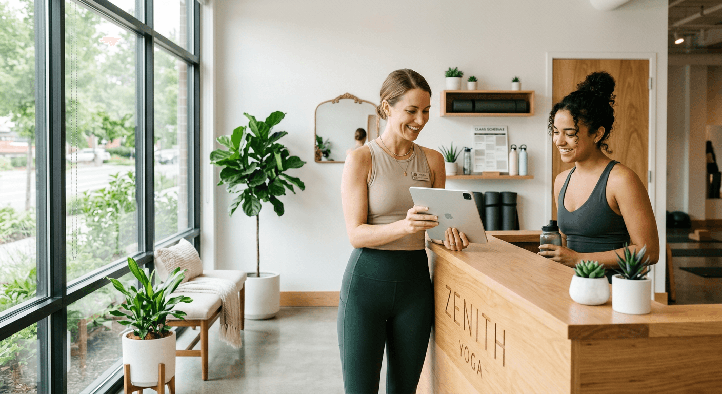 Yoga studio instructor and owner reviewing payments