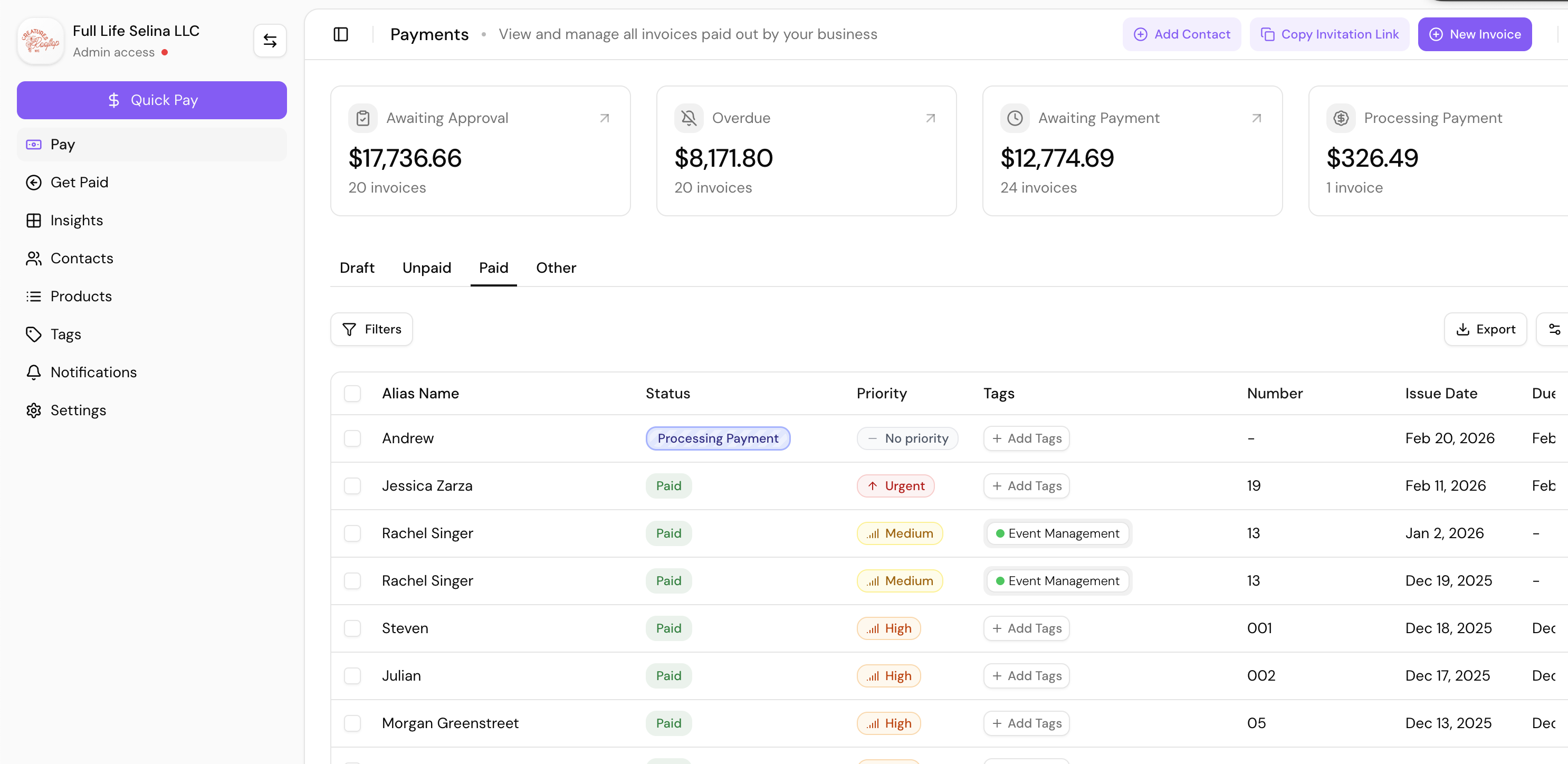 Cleo Pay payments dashboard showing instructor invoices and statuses